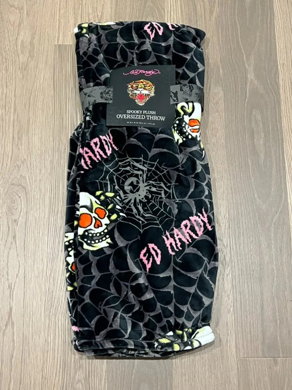 ED HARDY Black Plush Throw Blanket 60x70 Y2K Tattoo Spiderweb Skulls Halloween